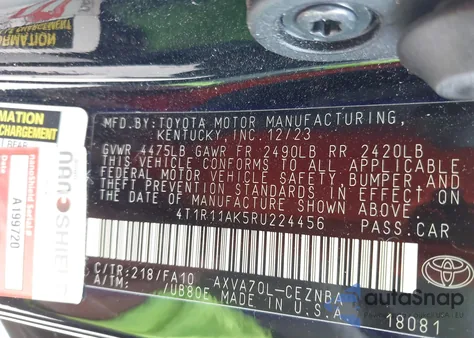 2024 Toyota Camry Le из США, поврежденный, VIN 4T1R11AK5RU224456